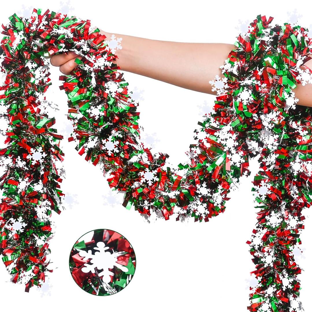 Mega-Loopolis Christmas Snowflake Tinsel Garland, 26.25Ft Red Silver Green with Snowflake Chunky Glittery Holiday Hanging Tinsel Decorations for Christmas Wedding Birthday Party Supplies Home Decor