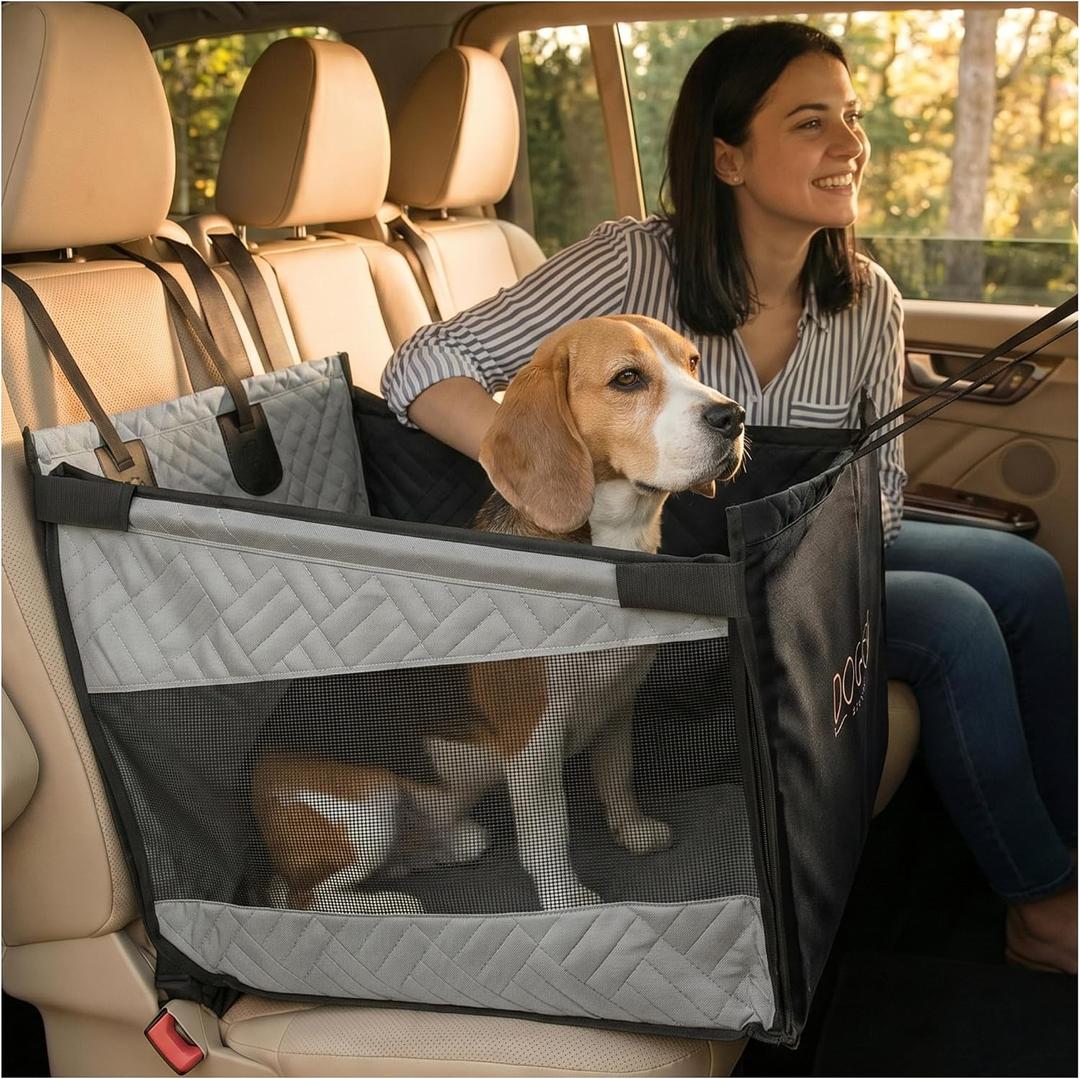 Dog Car Seat Cover with Hard Bottom Back Seat Extender for Dogs Up to 35 lbs, Waterproof Non-Slip Hammock, Rigid Reinforced Base with Triple Security System, Storage Pockets, fits Cars SUVs Trucks