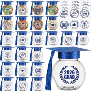 Yinkin 36 Pcs Graduation Cap Candy Jars with Sticker of 2026 Graduation Party Decorations Grad Cap Jars Container with Tassels for DIY Grad Table Party Favors (Blue)