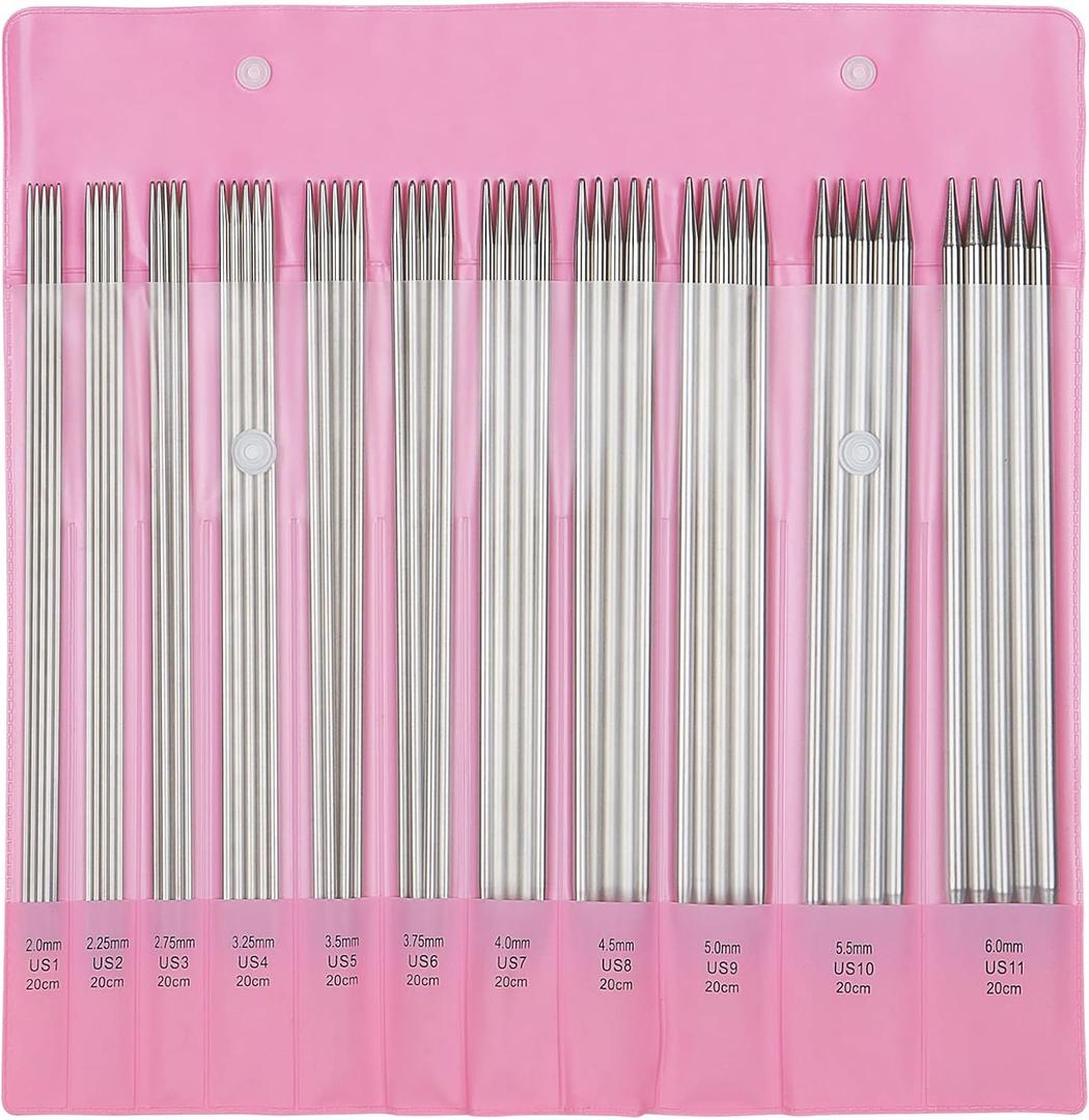 Aelike 55pcs Double Pointed Knitting Needles, 11 Sizes Stainless Steel Metal Short Knitting Needles Set, Straight & Double Pointed Knitting Needle Sets 2mm to 6mm