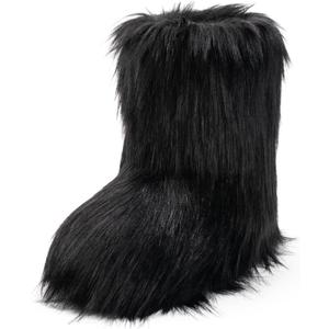 IXU Women's Faux Fur Boot Furry Fluffy Round Toe Suede Snow Winter Women Boots Comfy Plush Warm Short Outdoor Indoor Flat Shoes Mid-Calf Boots (6, Black)