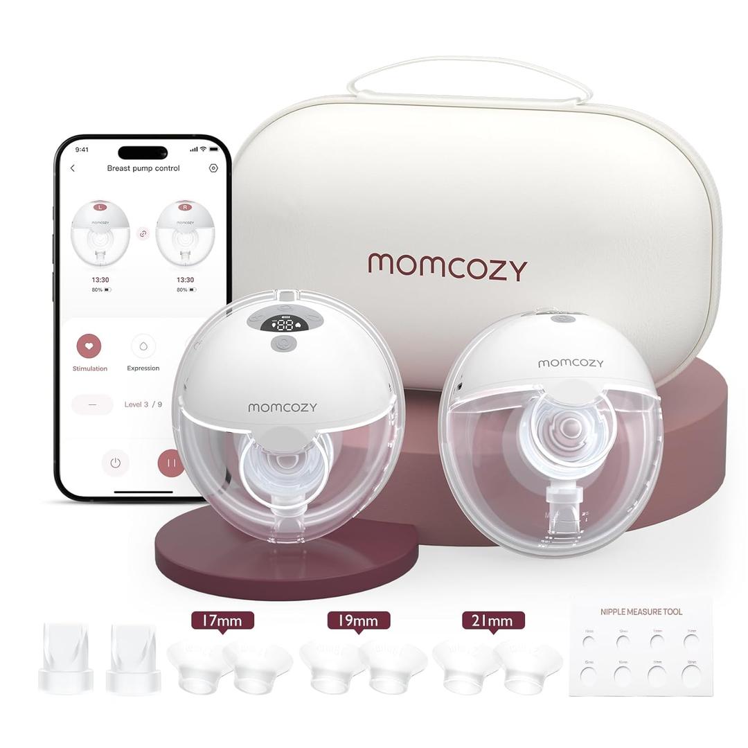 Momcozy M5 Smart APP Controlled Wearable Breast Pump, Hands-Free Wireless Electric Pump, 3 Modes 9 Suction Levels, BPA-Free, Portable Lightweight, 24mm Flange, 2-Pack Quill Gray