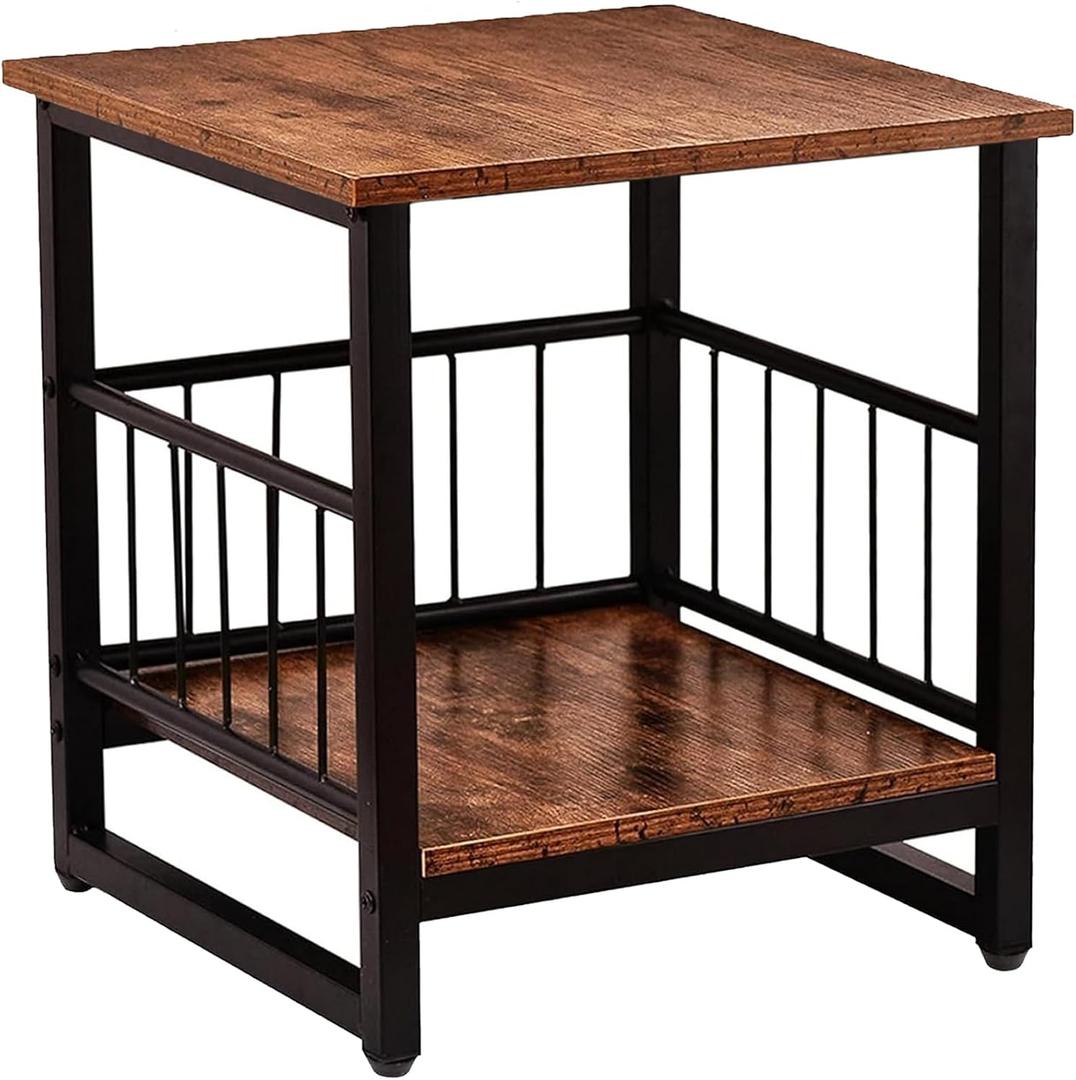 End Table, Industrial Side Table with 2-Tire Storage Shelf, 180LBS Mini Fridge Stand with Adjustable Feet, 18"x18" Wood Night Stand Small Bedside Table with Sturdy Metal Frame for Living Room Bedroom, 1 Pack