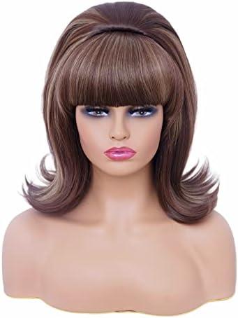 Rugelyss Short Brown Mixed Wig with Bang Retro Bouffant Beehive Wigs fits 80s Costume or Halloween Party