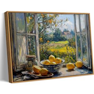 Framed Vintage Kitchen Lemon Wall Art Yellow Lemon Still Life Wall Decor Oil Paintings Vintage Country Farmhouse Window Scene Garden View Prints Artwork for Living Room Dining Home Decoration 16x24
