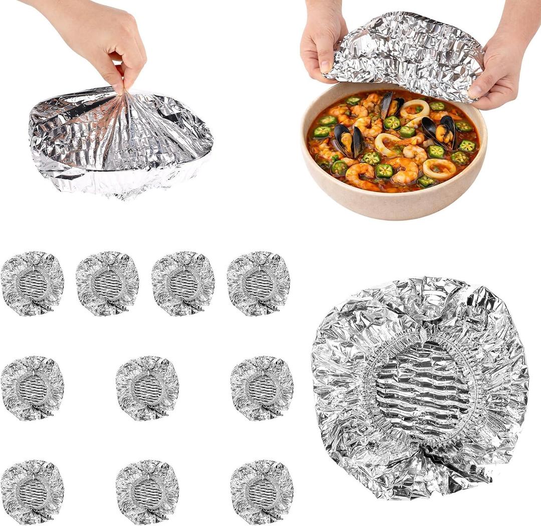 60pcs Reusable Aluminum Foil Food Covers, Premium Pop Up Foil Food Covers Universal Kitchen Heat Shield Lids for Bowls Plates Storage Containers (Silver)