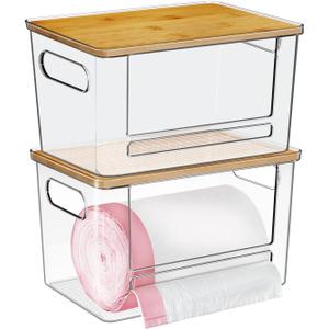 Trash Bag Dispenser 2 Pack, Acrylic Garbage Bags Dispenser with Bamboo Top, Extra Large Trash Bag Holder Dispensers Under Sink for Kitchen, Cabinet, Laundry Room, Pantry Organizer and Storage (Clear)