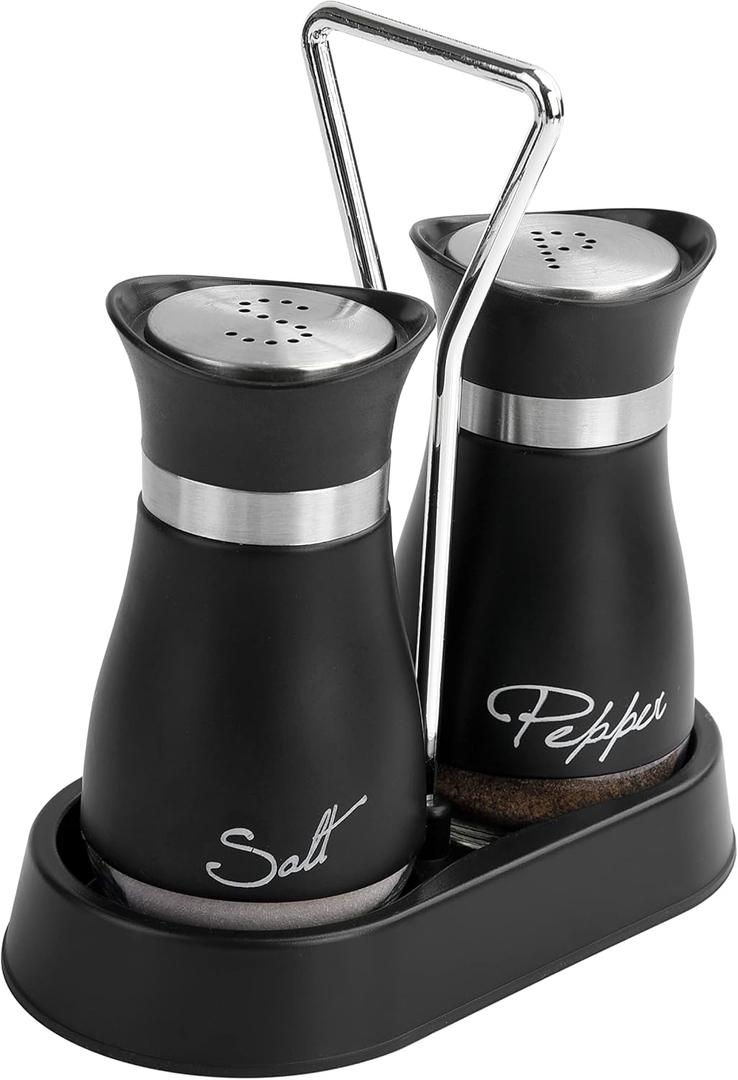 2 PCS - Stainless Steel and Glass Salt and Pepper Shaker Sets with Holder (BLACK)