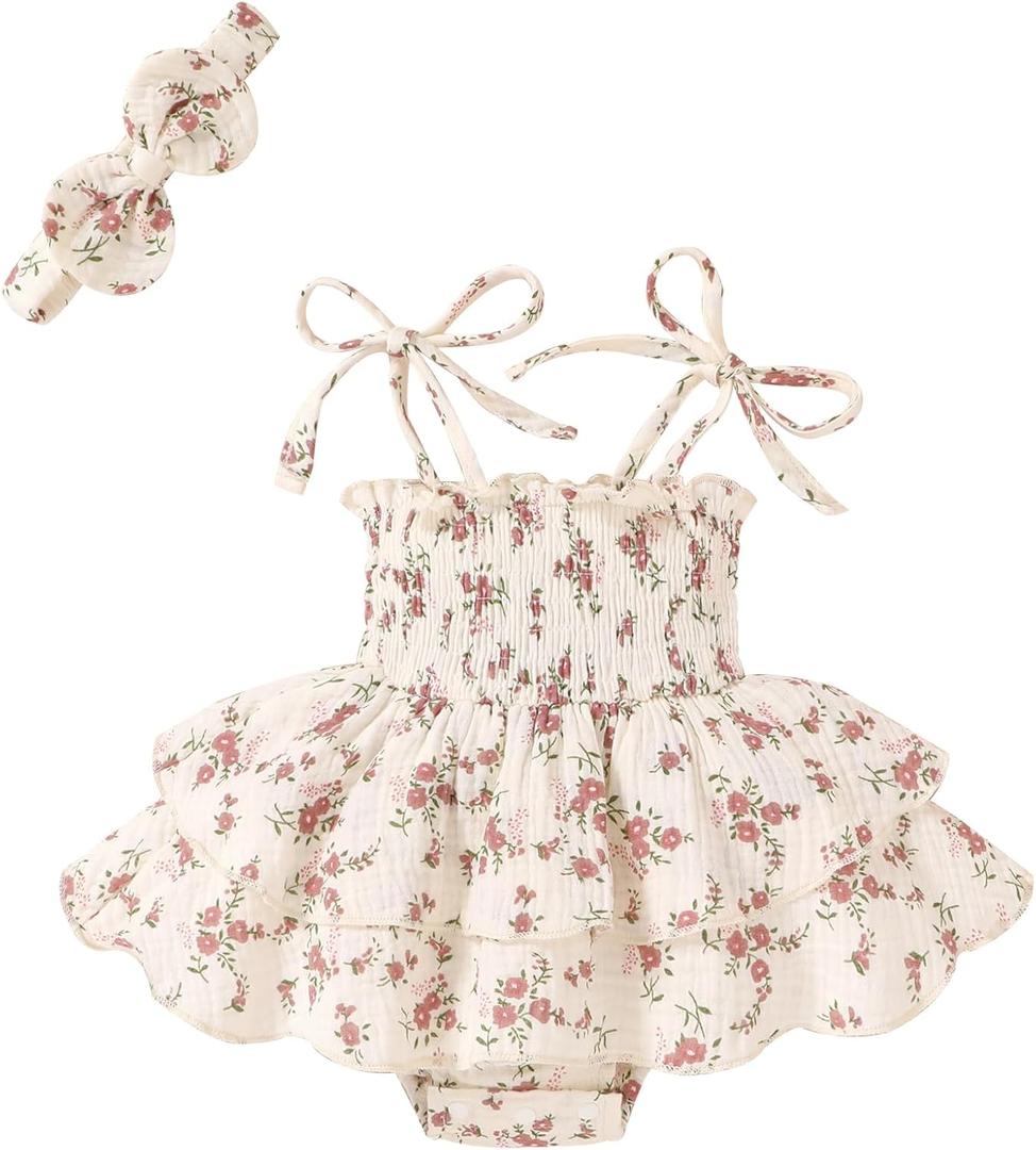 Baby Girl Clothes Infant Summer Romper Dress Sleeveless Bodysuit Jumpsuit with Headband Toddler Outfits (3-6 M)