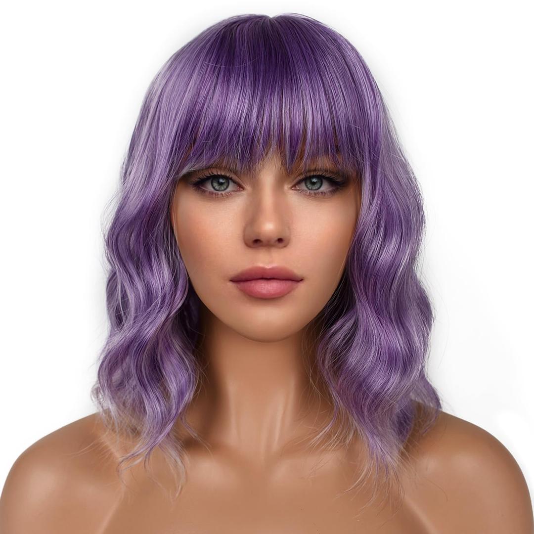 Short Bob Wigs with Bangs for Women Loose Wavy Wig Curly Wavy Shoulder Length Bob Synthetic Cosplay Wig for Girl Colorful Costume Wigs (Violet)