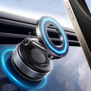 MRGLAS 2025 Upgraded Vacuum Magnetic Phone Holders for Your Car, 360 Adjustable Foldable Magsafe Suction Cup Phone Mount for iPhone [89+LBS Suction+2800gf Magnet] Car Truck Accessories for Men Women (Black)