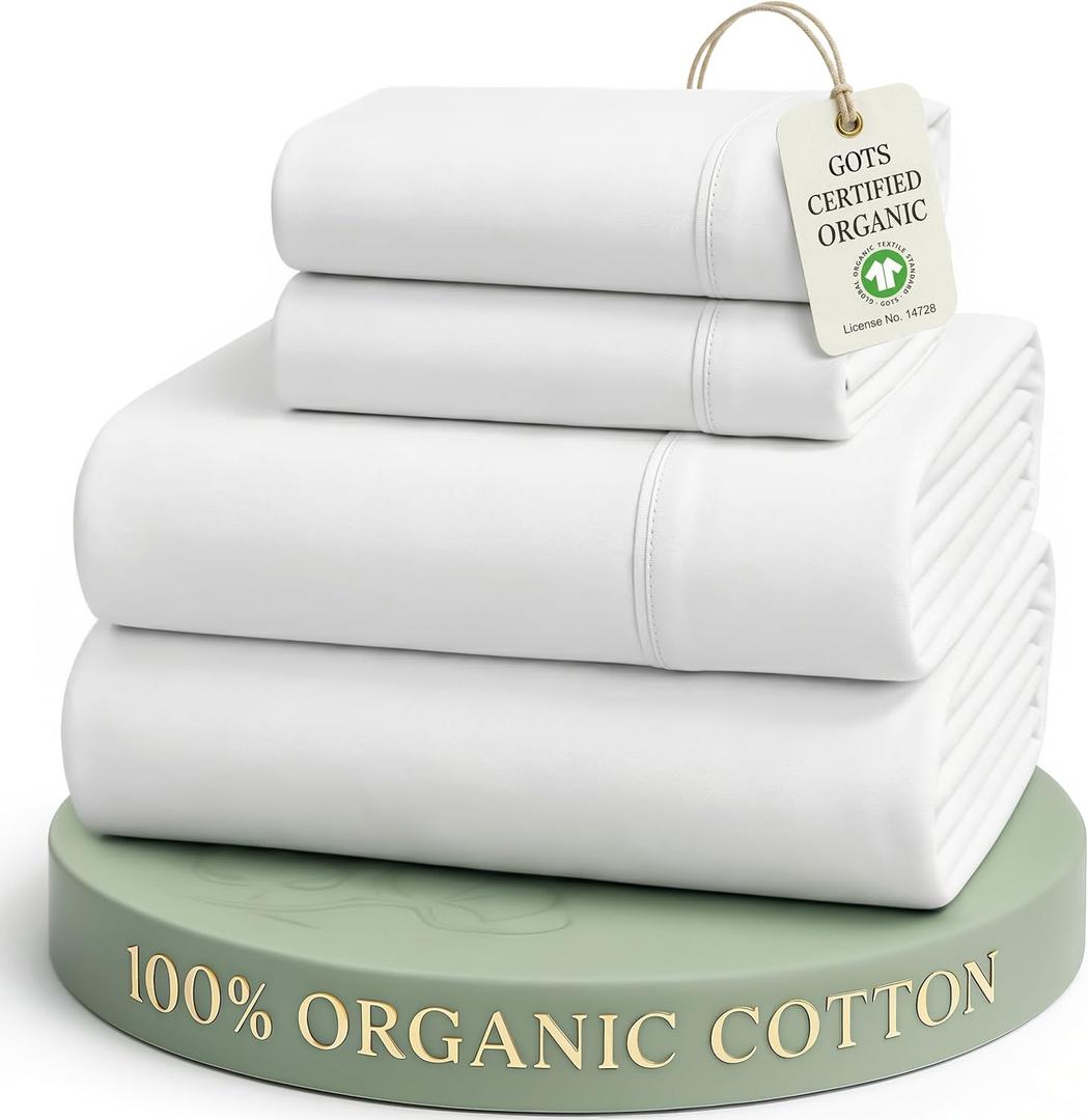 LANE LINEN Eco Friendly 100% Organic Cotton Queen Sheet Set, Soft & Comfy Fully Elasticized 15" Deep Pocket Bed Sheets, Low Pill Naturally Cooling Machine Wash Sbanas Queen- White Bed Sheets (01: Pure White)
