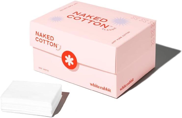 White Rabbit Naked Cotton Classic Premium 100% Cotton Pads for Toner Use, Makeup Remover, and Masks | Unbleached, Lint-Free, Extra Soft | Korean Skin Care Product (200 Count)