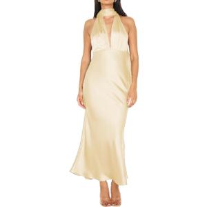 Summer Satin Halter Deep V Neck Backless Maxi Dresses for Women 2025 Silky Sleeveless Open Back Wedding Guest Long Dress, XS Yellow