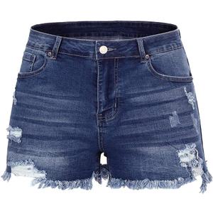 THUNDER STAR Women Mid Rise Ripped Stretchy Jeans Shorts Frayed Raw Hem Casual Denim Shorts Size 14