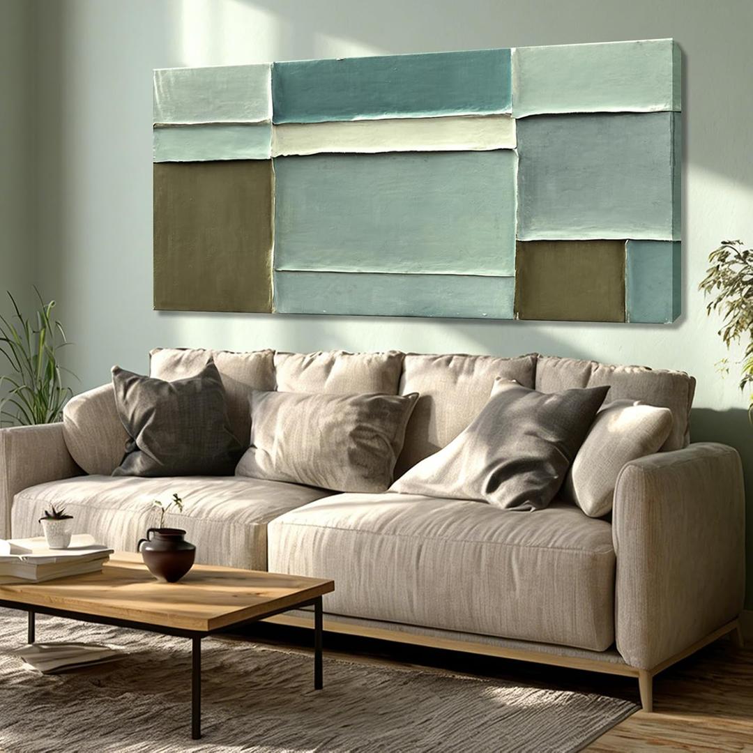 Modern Green White Hand Painted Canvas Wall Art Living Room 24x48 Inch