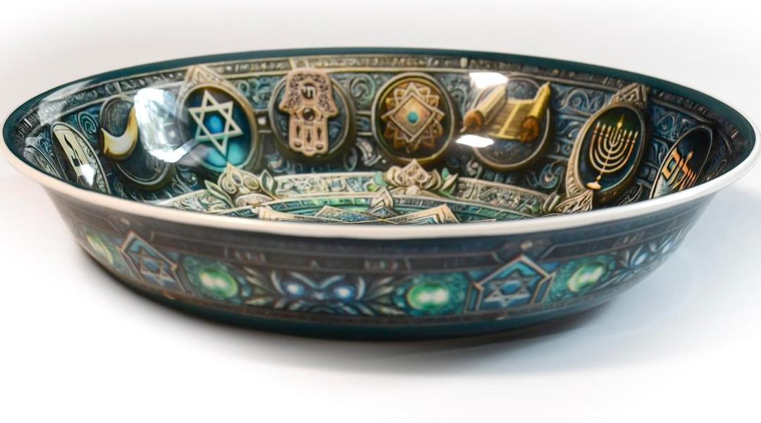 Large Bowl from environmentally friendly recycled PBA-free plastic. Beautiful unique design encompassing many of the iconic Hebrew symbols., 13" Diameter