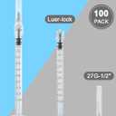 100 Pack 1ml 27G 0.5-Inch Luer Lock Science Lab Syringe, Individually Sealed for Labs, Liquid Measuring, and Dispensing