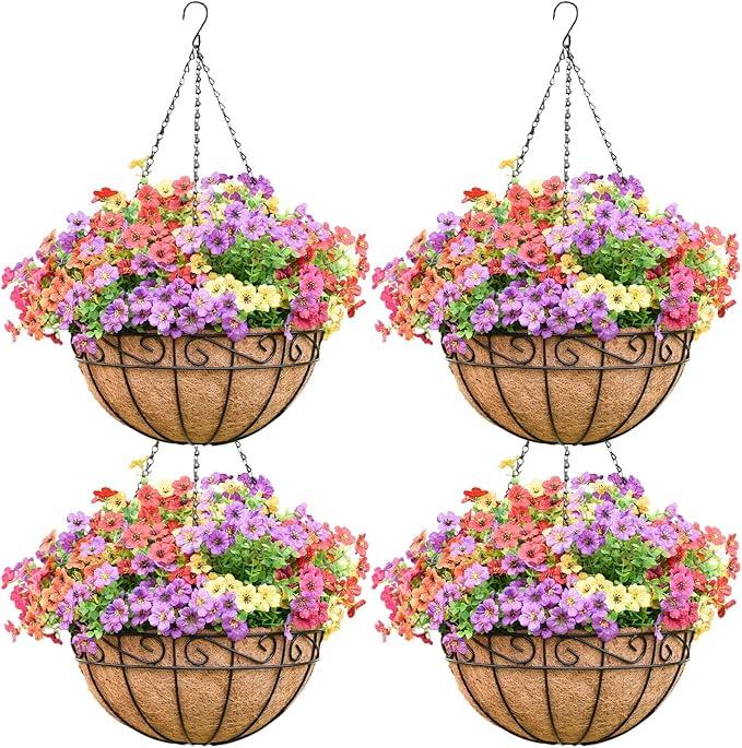 4 Pack 14 Inch Round Hanging Basket with Coco Liners， Metal Hanging Baskets for Plants Outdoor， Hanging Planter with Chain Garden Products for Outdoor, Porch, Lawn, Garden