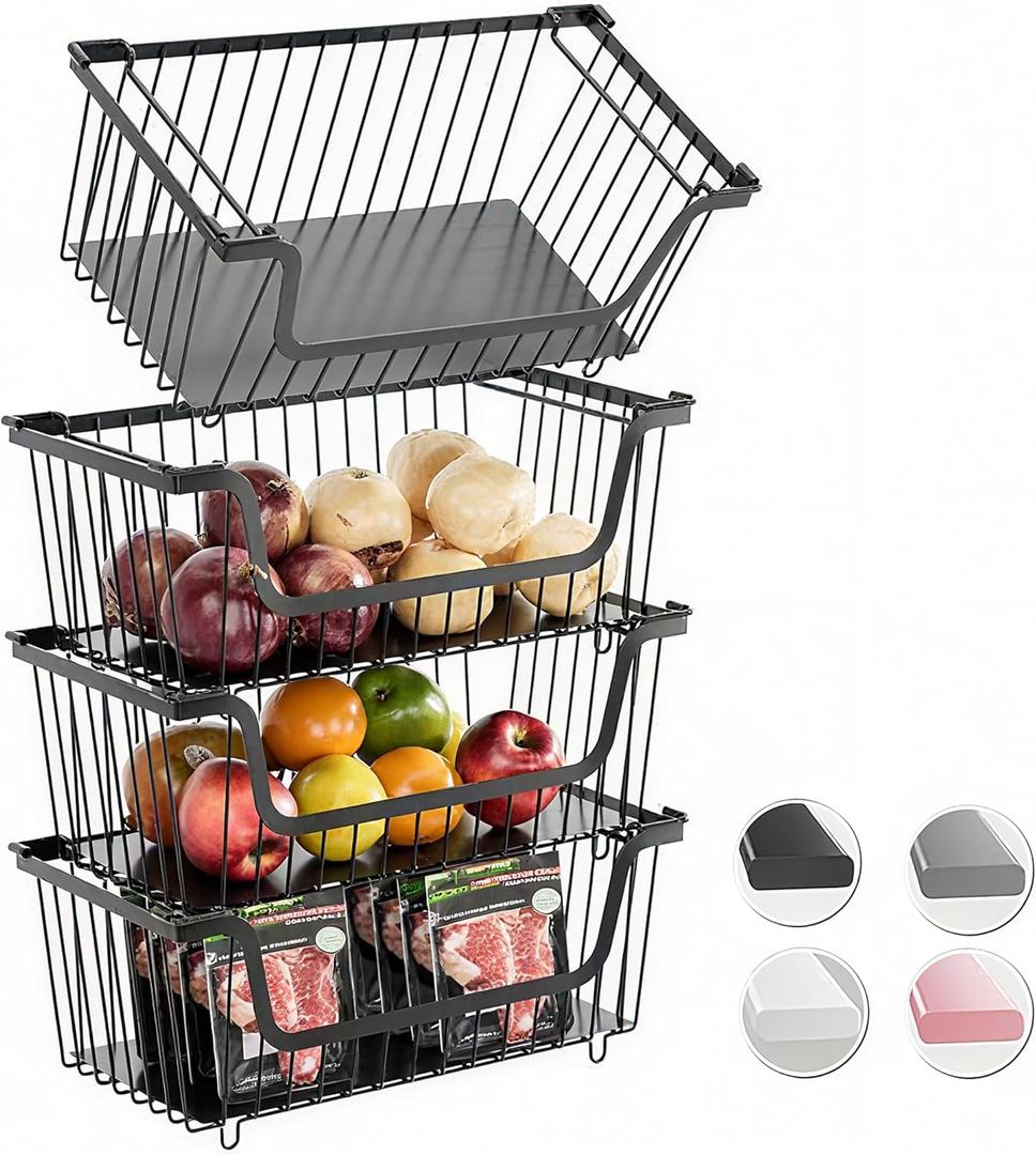 GAOKASE 4 Pcs Stackable Wire Baskets for Pantry Organizers and Storage, Vegetable Fruit Basket for Countertop, Kitchen Storage Metal Baskets, Produce Potato Onion Storage Bin, Black