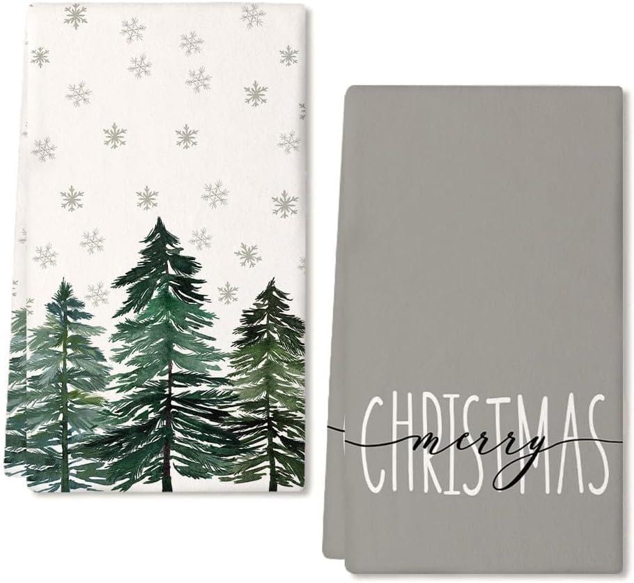 ARKENY Christmas Dish Towels for Christmas Decor Green Xmas Tree Kitchen Towels 18x26 Inch Noel Grey Snowflake Washcloths Seasonal Merry Christmas Hand Towel for Bathroom Set of 2 AD016