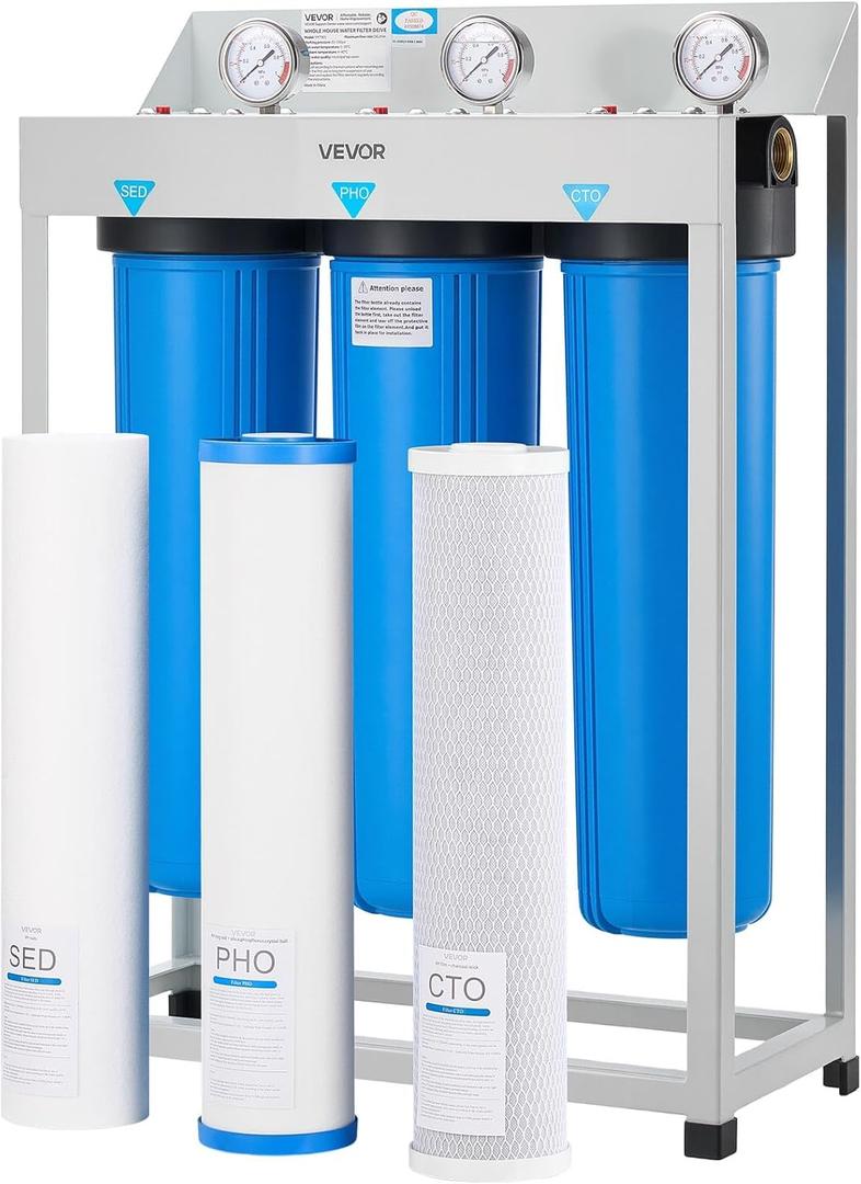 VEVOR Whole House Water Filter System, 3-Stage | Sediment, PHO, CTO | 4.5" x 20" Home Water Purifier Filter Reduce Chlorine, Bad Taste, Odor, Rust, Prevent Scale and Corrosion