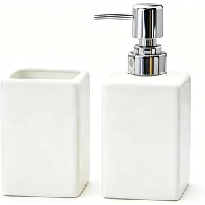 White Bathroom Accessories Set 2Pcs,Ceramic Soap Dispenser and Toothbrush Holder,Modern Decor Square Countertop Bath Set with Toothbrush Cup for Free Tray