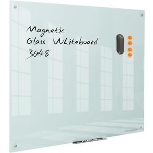 Magnetic Glass Dry Erase Board - White Board 48 x 36 Inches Wall Mounted Glass Whiteboard, Large Frameless Glass White Board for Wall Office, Home & School, White