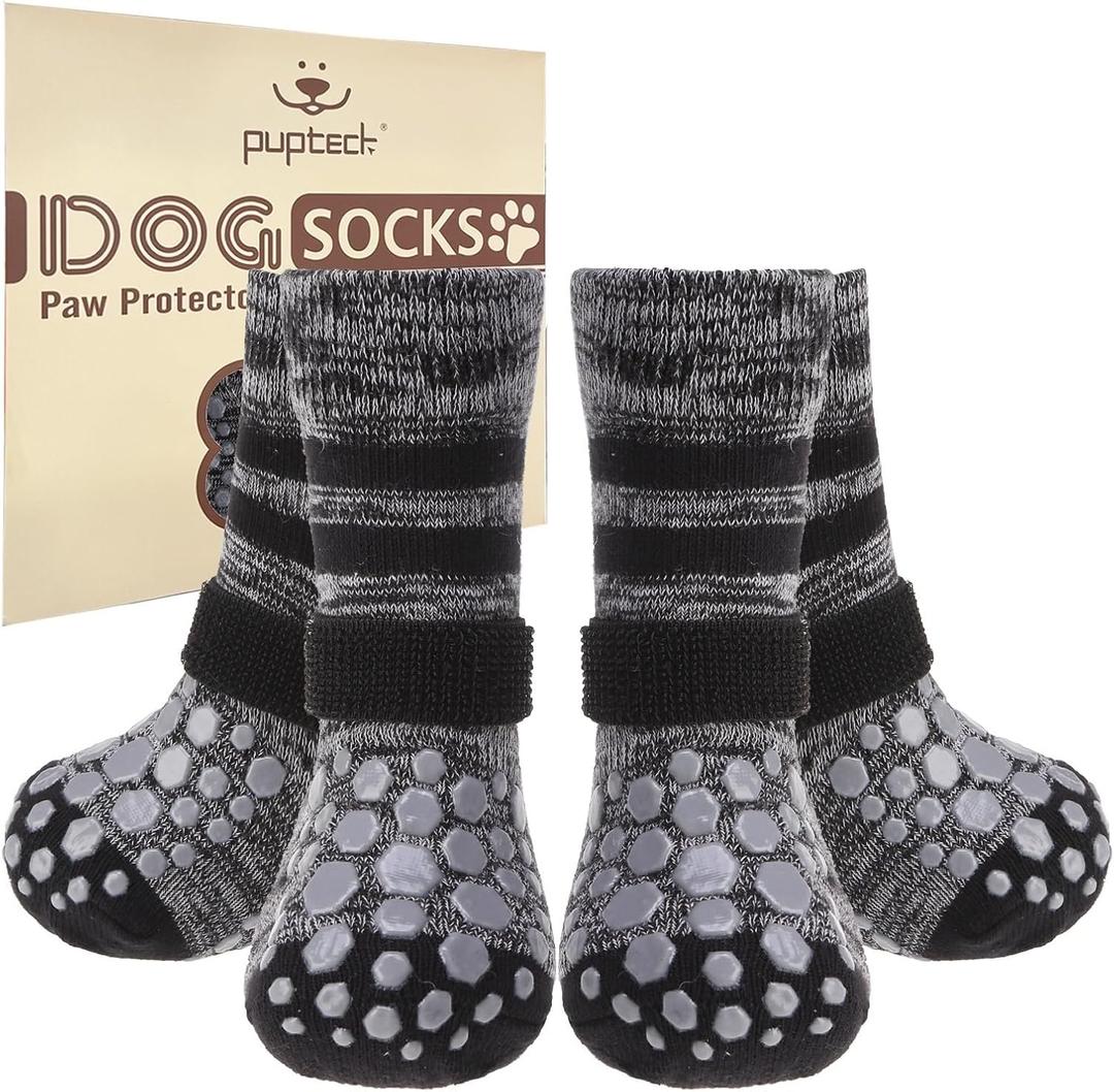 PUPTECK Non Slip Dog Socks to Prevent Licking for Hardwood Floors, Shoes for Hot Pavement Summer Small Medium Large Size Dogs Traction Control Booties Paw Protectors Boots Cold Winter (X-Small(2 Pair), Black)
