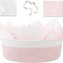 OIAHOMY Gift Basket Empty with Handle, 12"x 8"x 5" Small Woven Basket with Gift Bag, Ribbon and Wrap Tissue Paper, Dog Toy Storage for Organizing - Pink & White