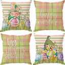 Happy Easter Gnomes Bunny Ears Eggs Easter Pillow Covers Throw Pillow Cases Set of 4 Decorations for Farmhouse Home Sofa Couch Cushion Cover Party Holiday Decor 18x18 Inch