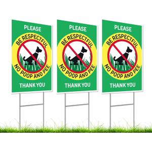 Set of 3 Double Sided 12x8 Inches Please Be Respectful No Poop And Pee Thank You Plastic Sign with Metal Stakes - No Pet Pooping or Waste or Poop - No Pooping and No Peeing Dog Yard Signs