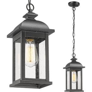 FEMILA Outdoor Pendant Light, 19 Inch Large Vintage Hanging Lantern Light, Outdoor Pendant Lights for Porch with Adjustable Chain, Black Finish, Seeded Glass, 4FD54H2 BK
