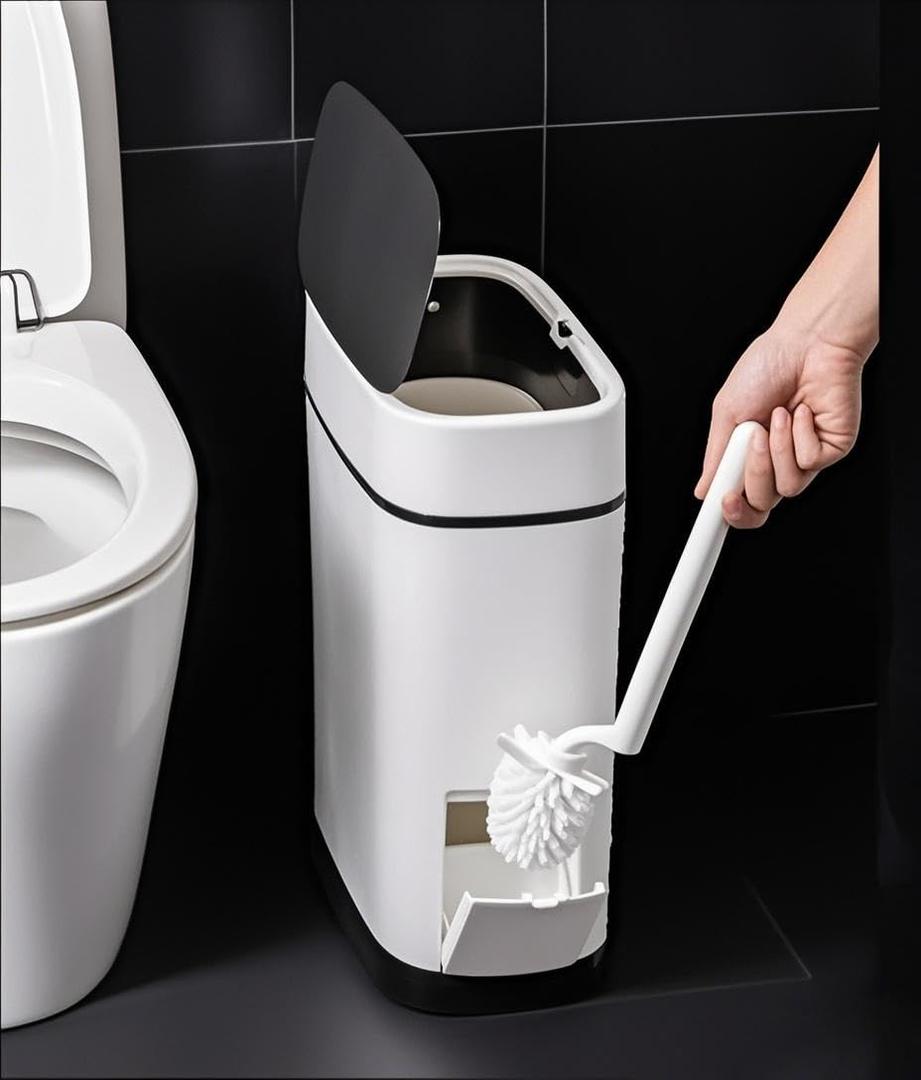 3.7 Gallons Bathroom Trash Can and Toilet Brush Set, 14 Liter Slim Trash Can with Toilet Brush Holder Set for RV, Black Lid