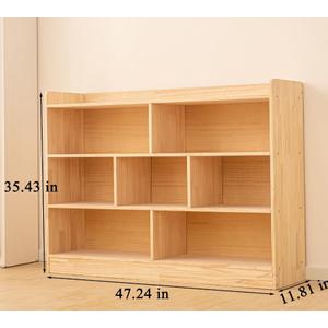 Wooden 7 Compartment Storage Cabinet Organizer Kids 3 Tier Wood Bookshelf School Storage Shelf Classroom Furniture for Kids Natural (47.24" L x 11.81" W x 35.43" H)