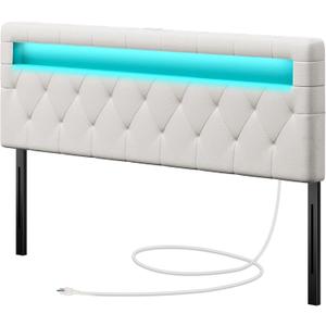 GREENSTELL Headboard for Queen Size Bed with 60,000 DIY Color of LED Light, USB & Type C Post, Attach Frame, Height Adjustable, White Leather Wall Mounted Head Boards Only, Sturdy & Stable, Queen