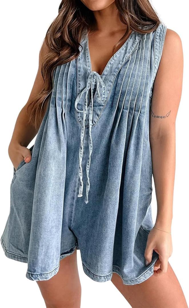 utcoco Womens Summer Casual Sleeveless Denim Romper Tie Front V Neck Jean Overall Shorts Romper With Pockets
(X-Large, Light Blue)