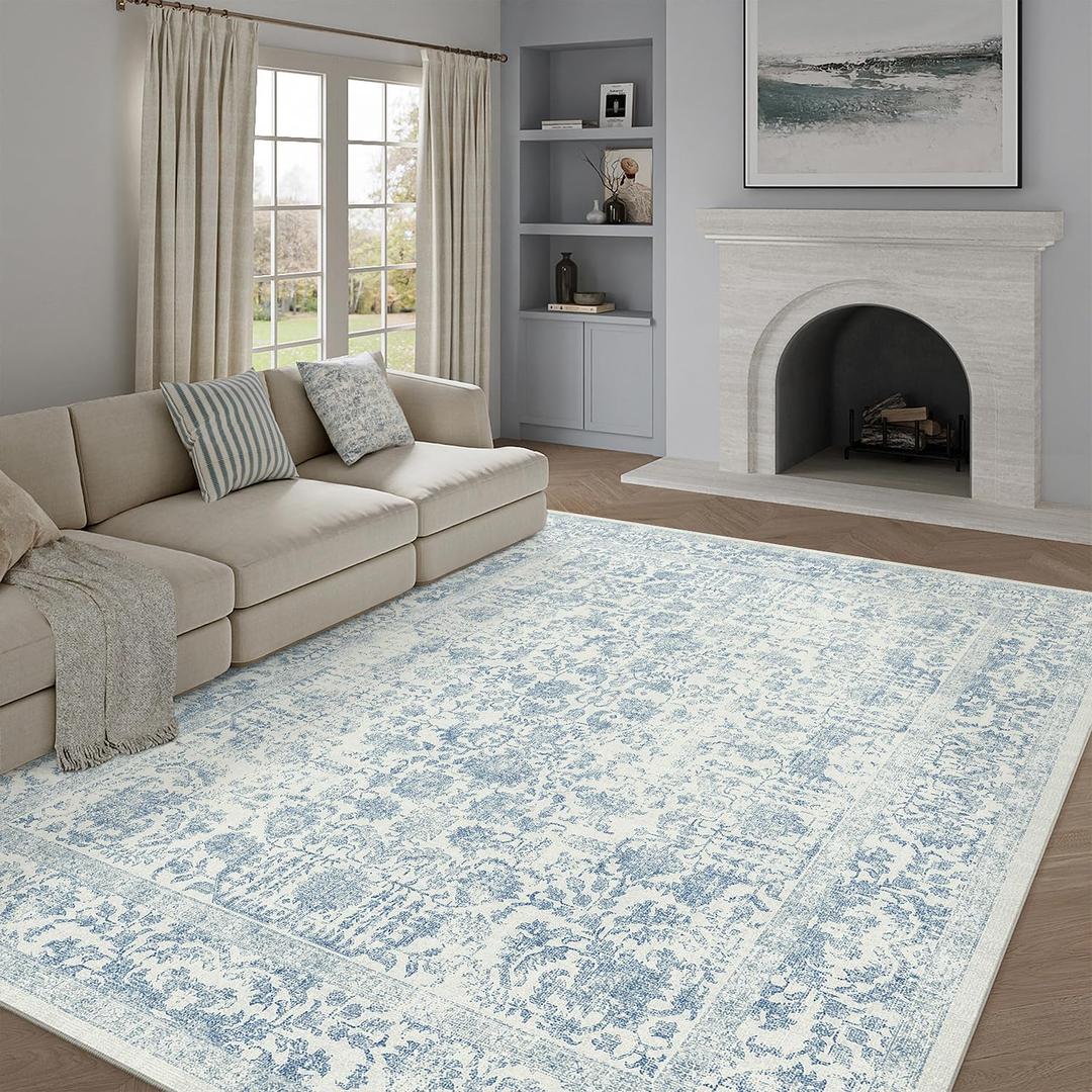 PureCozy Blue Area Rug 8x10 Machine Washable Large Vintage Living Room Distressed Non Slip Carpet Traditional Indoor Bedroom Retro Floral Accent Throw Rug for Office Kitchen Dining Room