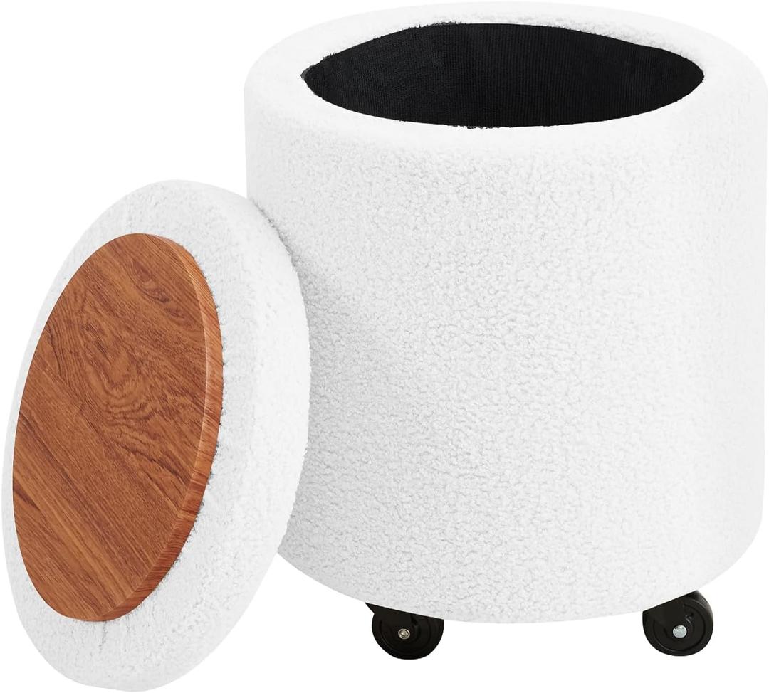 Mxfurhawa Storage Ottoman Foot Rest Round Footstool Teddy Velvet Footrest Multifunctional Rolling Stool Coffee Table Ottoman with Wheels Vanity Stool for Makeup Room Living Room Bedroom (White)