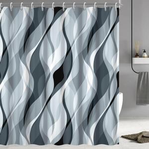 Blue Shower Curtain, Modern Abstract Blue and Grey Striped Shower Curtain Set for Bathroom Waterproof Polyester Shower Curtain with Hooks, 72x72 Inch