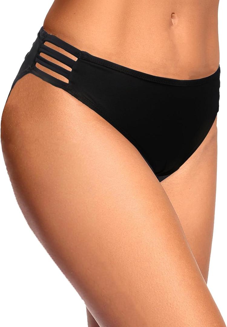 Zmart Women Strappy Bikini Bottoms Full Coverage Bathing Suit Swim Low Rise Cutout Swimsuit Bottom (Small, Black)