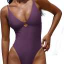 LASLULU Women's Sexy One Piece Swimsuits V Neck Padded Bathing Suit Modest Front Cutout Open Back Slimming Swimsuit (Purple, S)