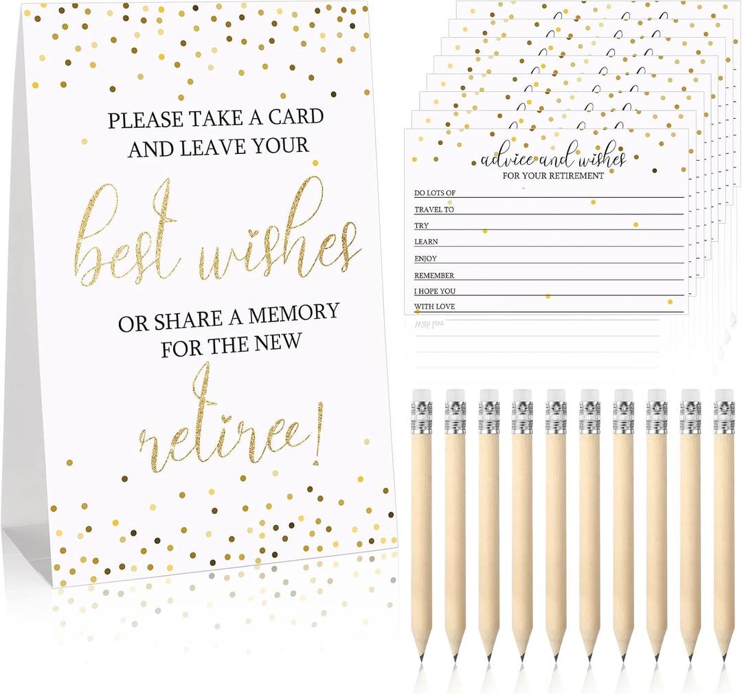 Fumete 50 Pieces Gold Retirement Party Advice and Wishes Cards with 10 Small Pencils and 1 Cardstock Place Card Retired Ideas Supplies and Decoration for Retirement Party Activities