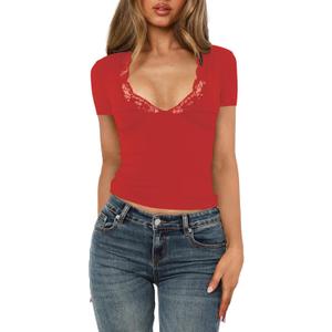 Women's Short Sleeve Sexy Lace V-Neck Summer Going Out 2025 Crop Tops Slim Fit Tees Trendy Y2k Clothing (Large, Red)