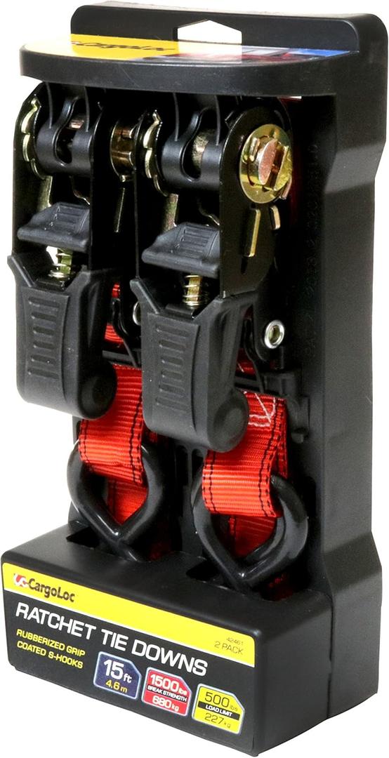 Cargoloc Premium Ratchet Tie Downs - 2 Pk - 15 Ft - 500 Lbs Load Cap - 1,500 Lbs Break Strength - Cargo Straps for Moving Appliances, Lawn Equipment, Motorcycles, etc. - RED