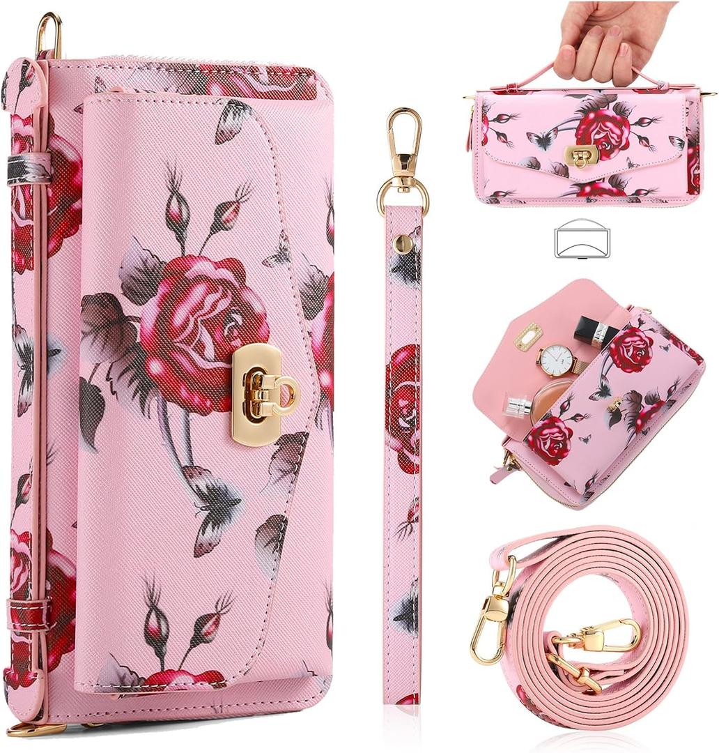 Phone Case for Samsung Galaxy S24 Ultra 5G Zipper Wallet Detachable Cell Cover with Crossbody Shoulder Strap Floral Purse Flip RFID Blocking Card Holder Mirror S24Ultra 24S S 24 24Ultra Women, Pink