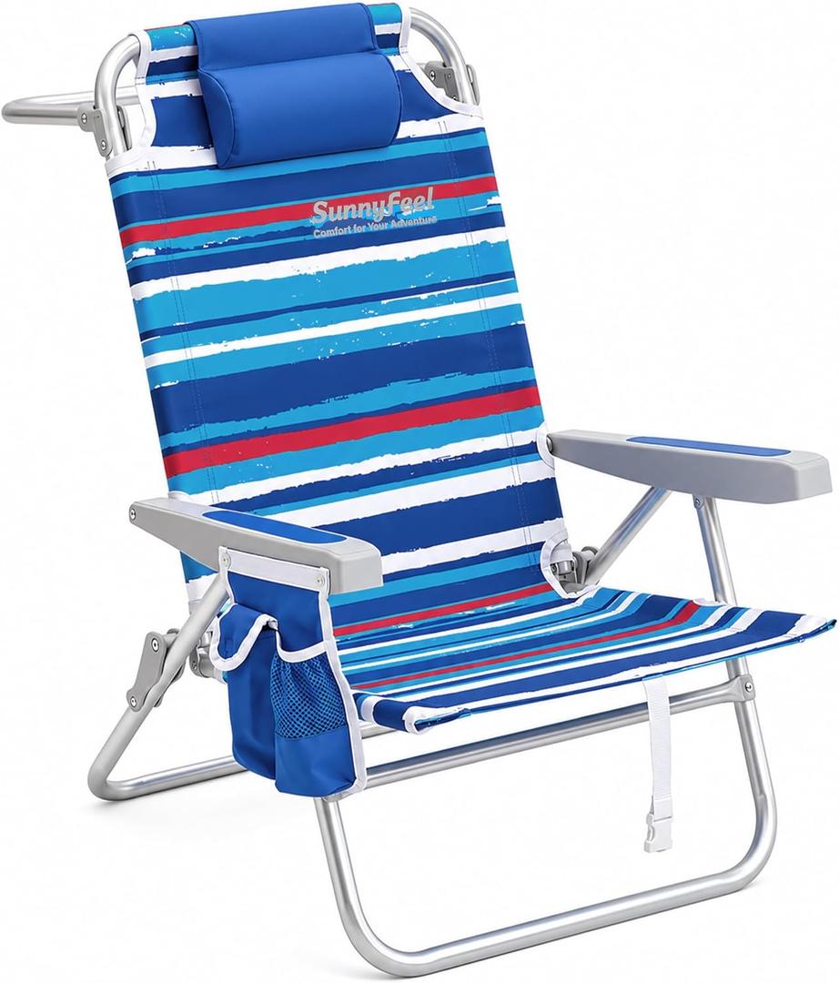 SUNNYFEEL High Seat Beach Chair for Adults, High Back 5-Position Lay Flat Reclining Beach Chair with Detachable Cooler Bag, Folding Beach Chair with Cup Holder, Heavy Duty 360 LBS, 1-pack