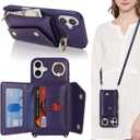 for iPhone 17 Case with Card Holder and Strap - Zipper Pocket,Crossbody Lanyard Strap,Credit Card Holder,Stand Ring,Cute Phone Wallet Case for Women(Dark Purple,6.3 Inch)