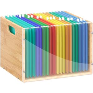 Clear Acrylic File Box Organizer, Bamboo Hanging Folder Storage Boxes, Filing Crate Bin Holder with Handle for Home Office Desk, Letter Size