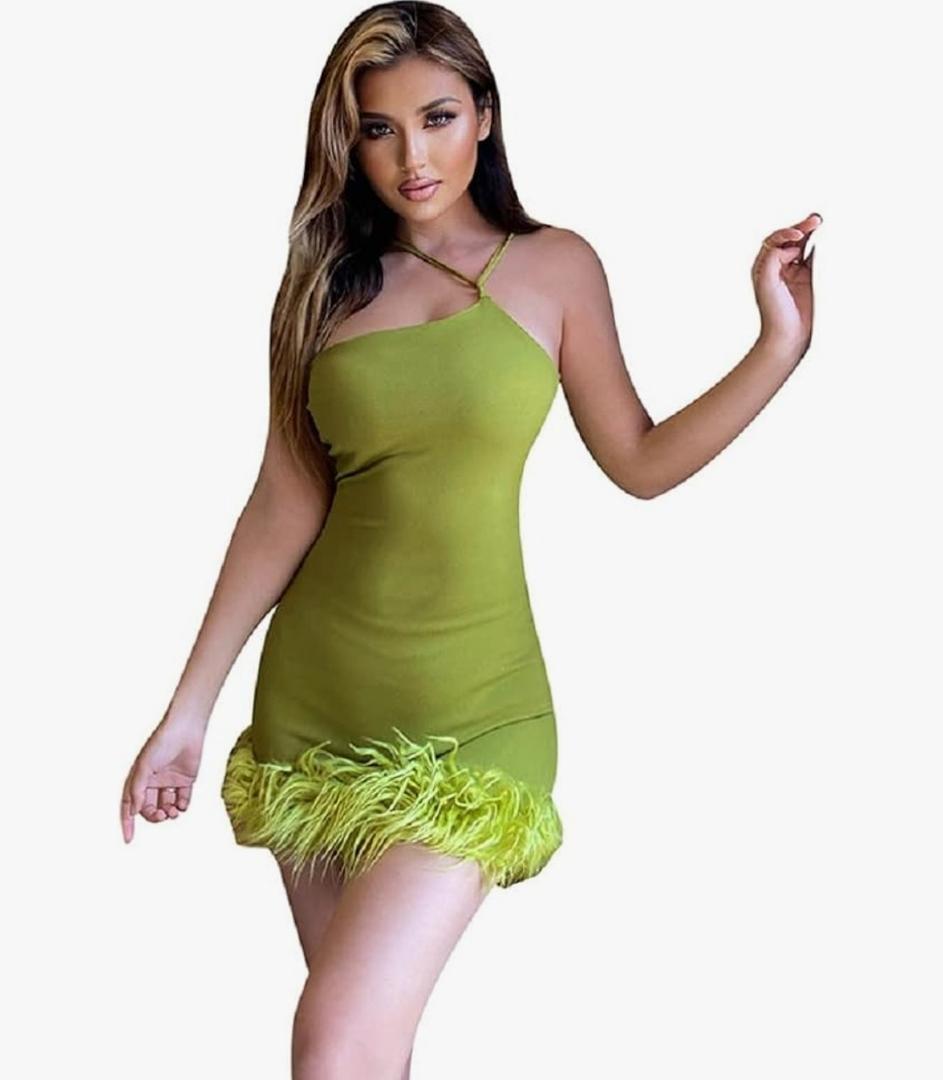 Inclined Shoulder Tassel Skinny Mini Dress For Women Robe Strapless Backless Sundress Ladies Club Party Sexy Dress-Green, L